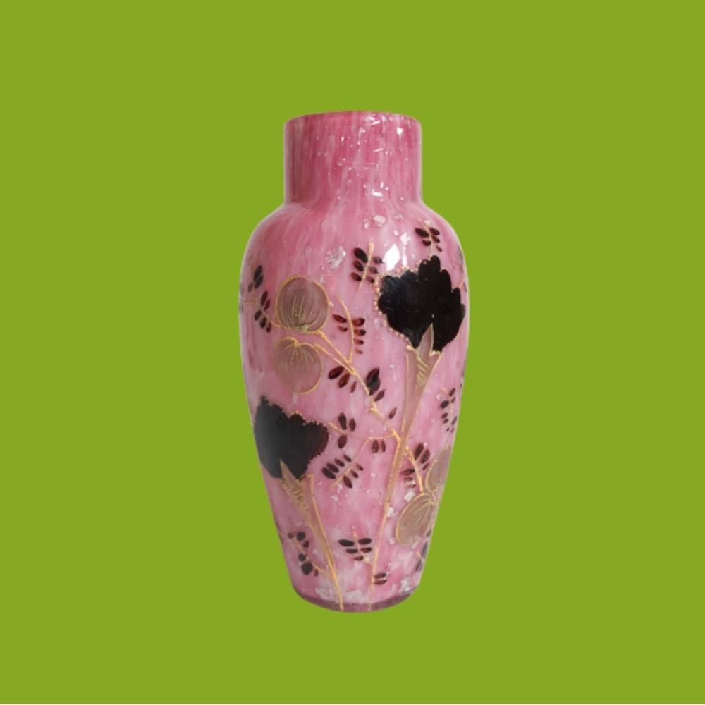 Antique Victorian cased pink spangle glass bud vase silver mica